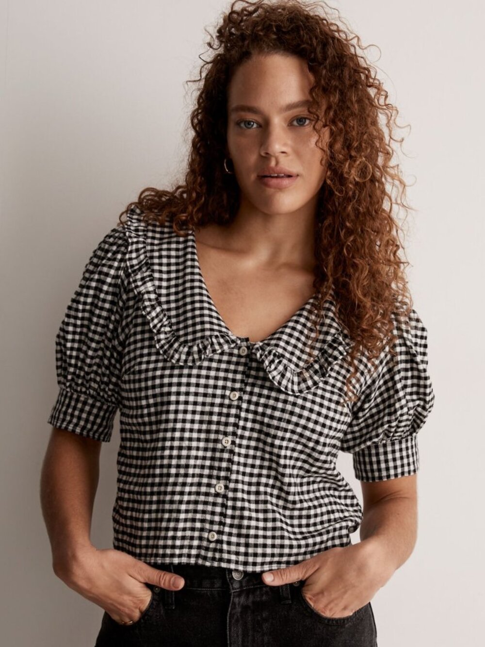 Madewell Black and White Gingham Ruffle Collared Button Up Relaxed Top Size XL